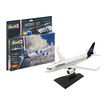 KIT PARA MONTAR REVELL MODEL SET AVIÃO AIRBUS A320NEO LUFTHANSA NEW LIVERY 1/144 38 PEÇAS COMPLETO COM TINTAS COLA E PINCEL REV 63942